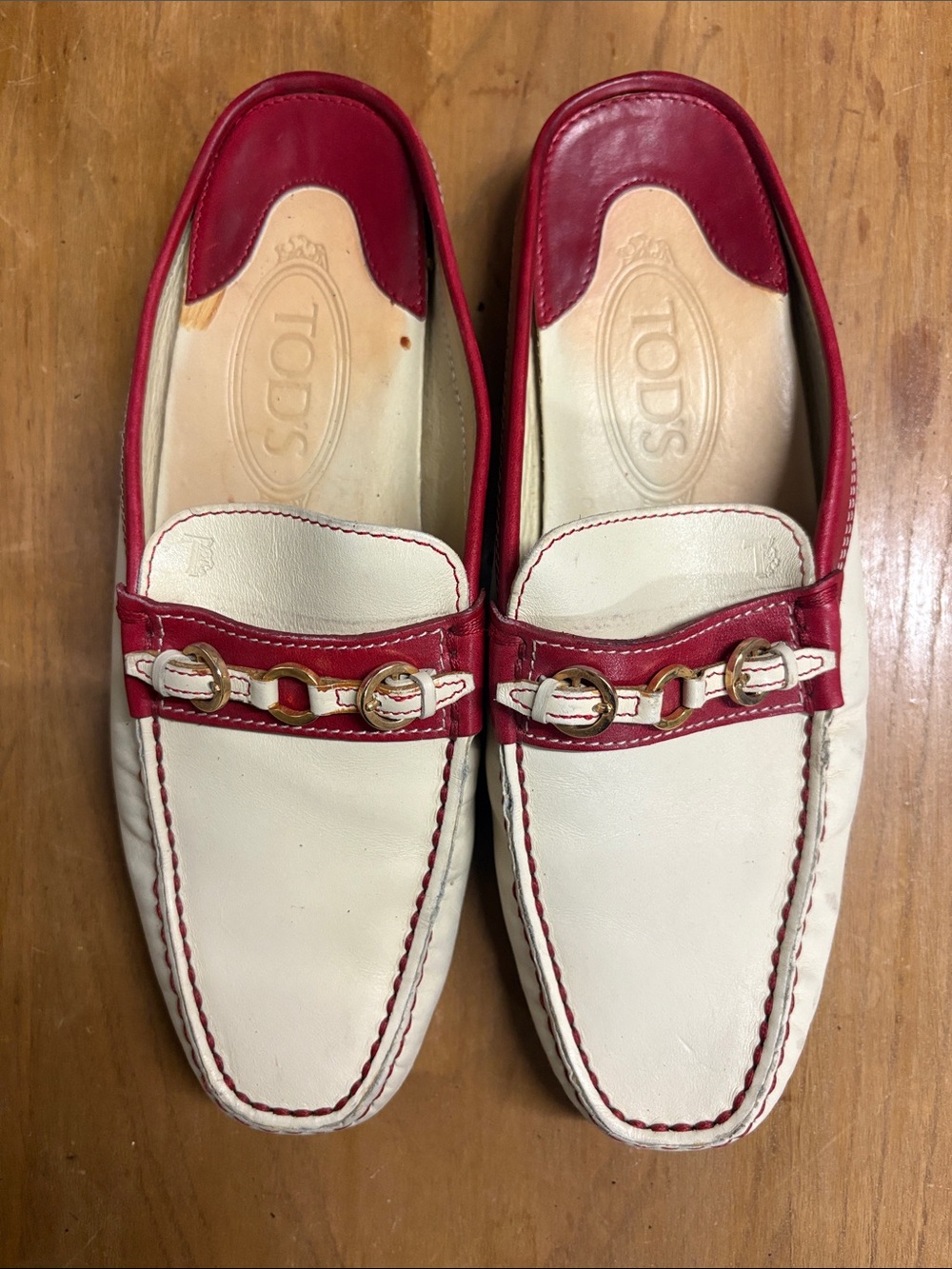 Tod's Cream and Red Leather Bit Loafers